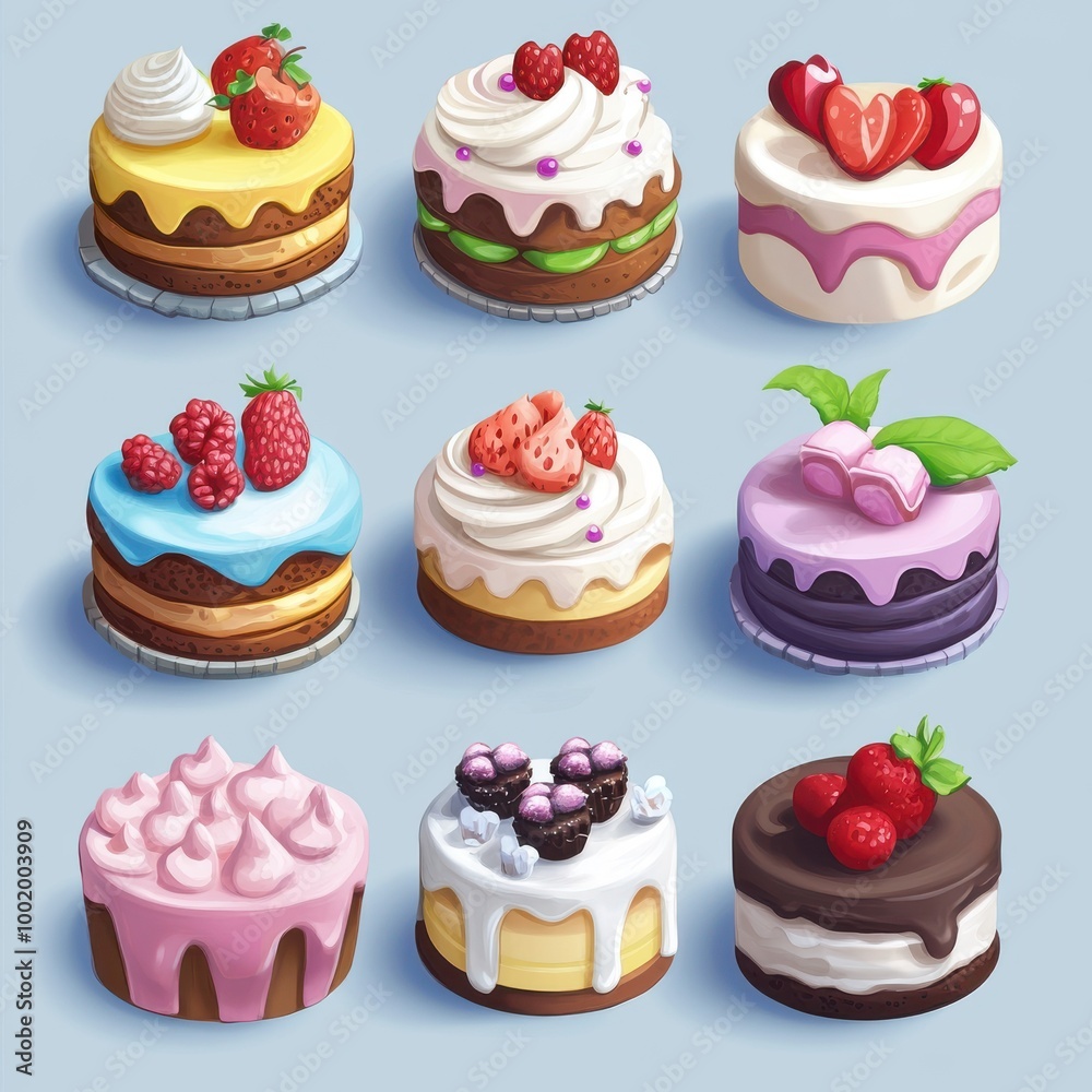 A delightful collection of colorful cakes topped with fresh fruits, perfect for dessert lovers and food enthusiasts. A delightful collection of colorful cakes topped with fresh fruits, perfect for dessert lovers and food enthusiasts.