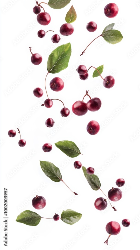 Falling Red Berries with Green Leaves on White Background Generative AI