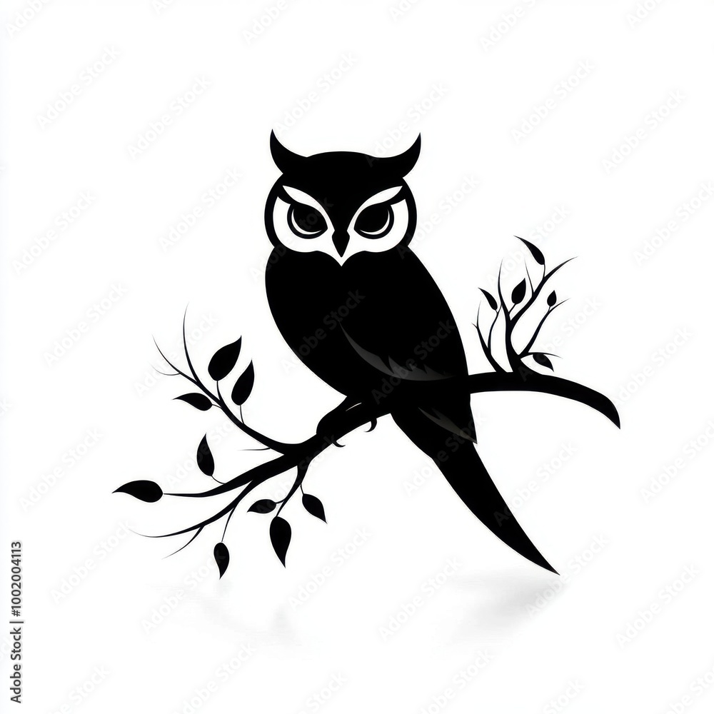 Stylized black owl perched on a branch, featuring intricate leaf details, perfect for nature-inspired designs and artwork. Stylized black owl perched on a branch, featuring intricate leaf details, perfect for nature-inspired designs and artwork.
