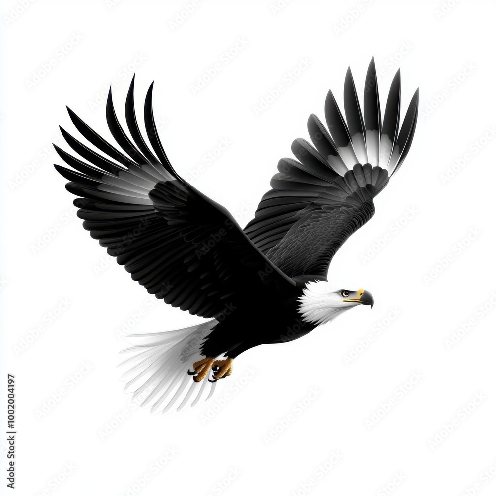 Obraz premium A majestic eagle soaring gracefully through the sky, showcasing its striking black and white plumage and powerful wings.