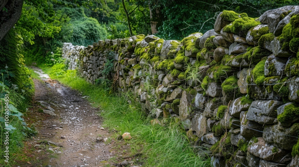 Serene Pathway Along Moss-Covered Stone Wall Serene Pathway Along Moss-Covered Stone Wall
