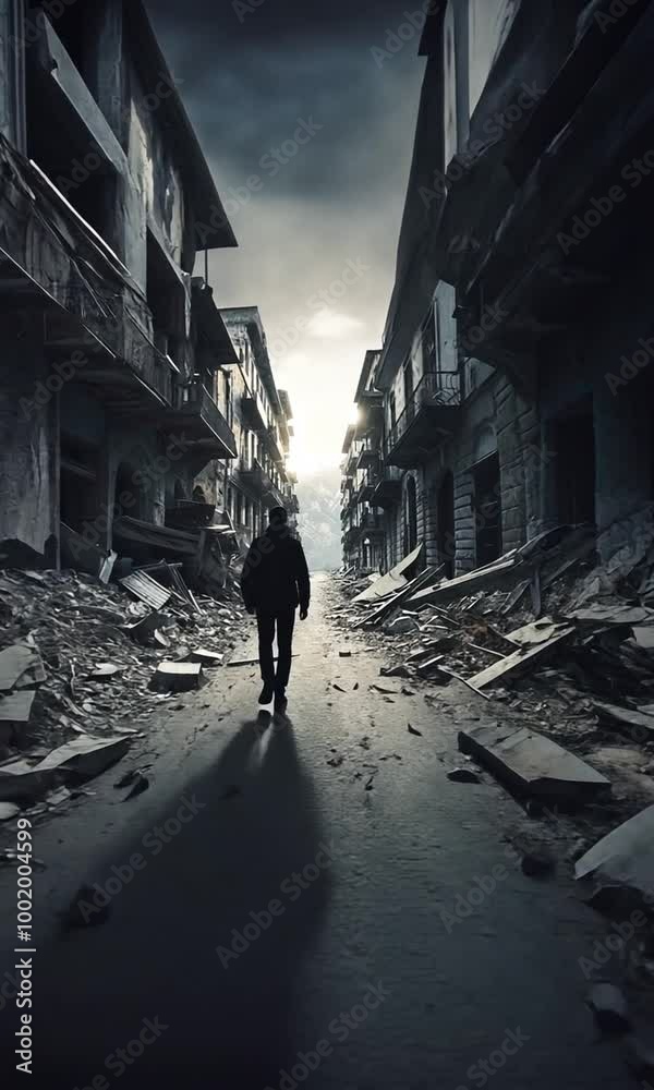 Homme de dos marchant dans une rue parmi des immeubles en ruine et effondrés, après une catastrophe naturelle, une guerre ou une explosion