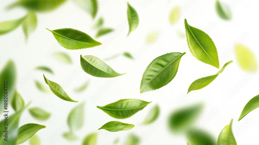 Fresh Green Tea Leaves Floating on White Background Generative AI Fresh Green Tea Leaves Floating on White Background Generative AI