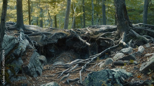 Forest Scene with Exposed Roots and Rocky Ground photo