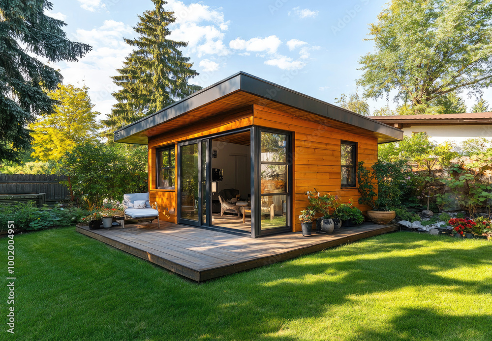 A small, narrow, modern garden shed with wooden walls and roof, small windows on the sides, potted plants in the front yard A small, narrow, modern garden shed with wooden walls and roof, small windows on the sides, potted plants in the front yard