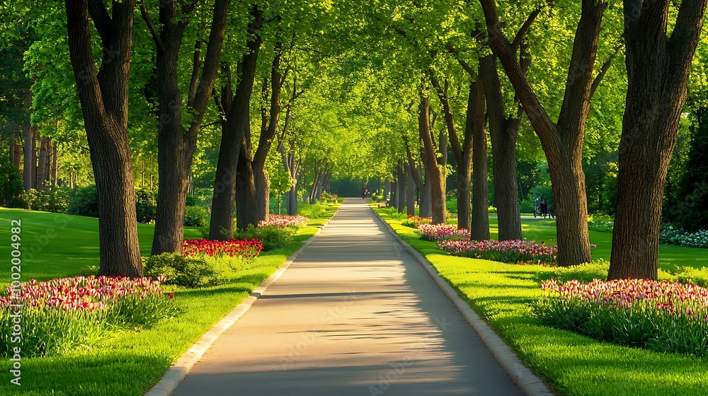 Serene Park Pathway Surrounded by Lush Trees Serene Park Pathway Surrounded by Lush Trees