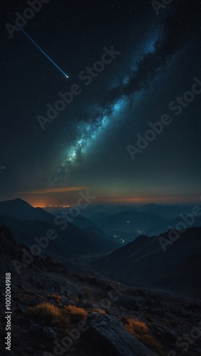 Composite of celestial night sky and mountainous terrain at dusk