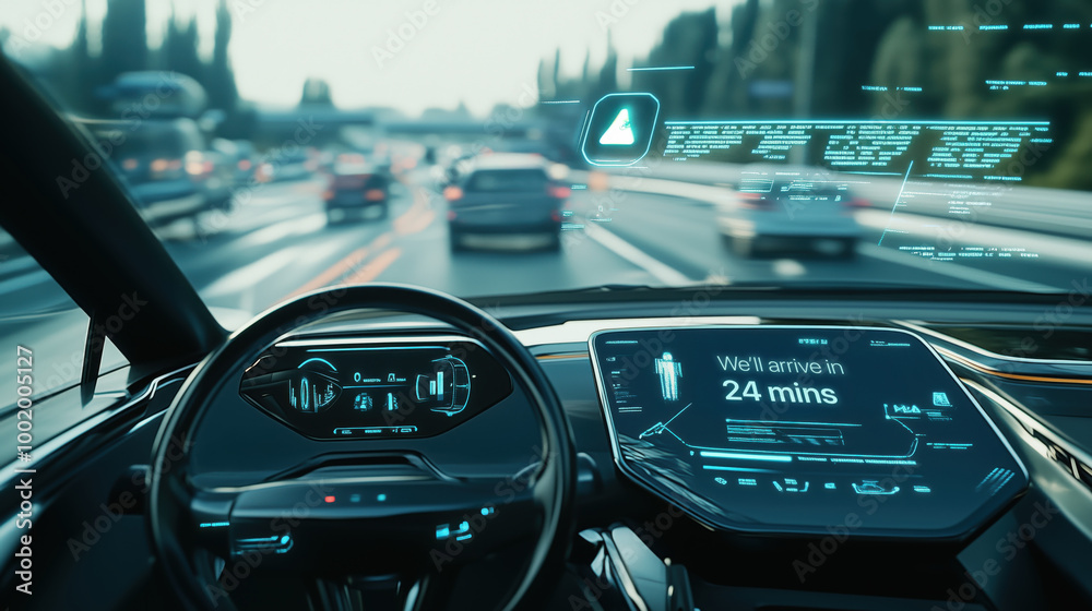 Self driving car with digital display showing arrival time on dashboard Self driving car with digital display showing arrival time on dashboard