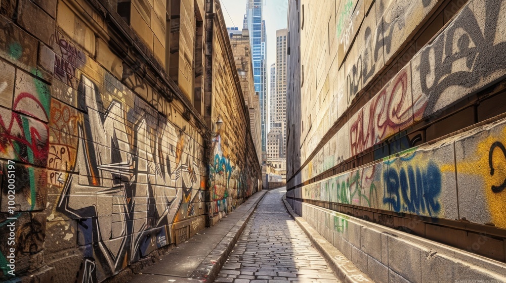 Fototapeta premium Graffiti Alley with Urban Skyline Background