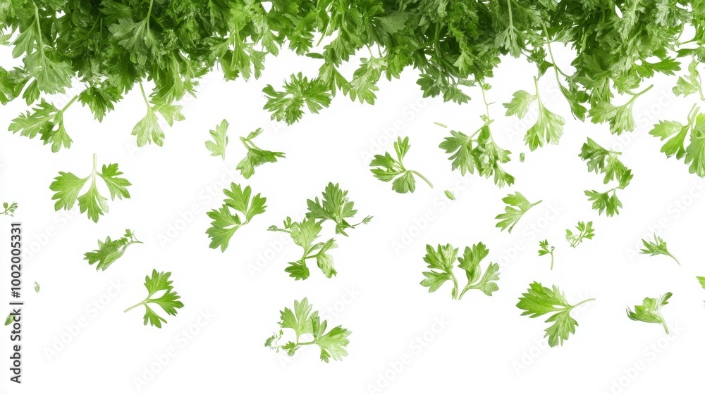 Fresh Parsley Leaves Falling Isolated on White Background Generative AI Fresh Parsley Leaves Falling Isolated on White Background Generative AI