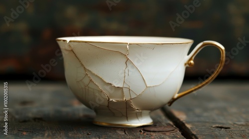 Cracked China Cup With Gold Detail on Rustic Surface photo