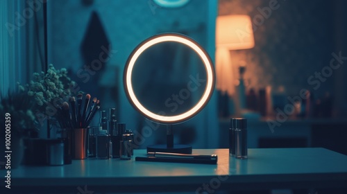 Modern ring light illuminating a sleek smartphone with a makeup influencer s tutorial taking place in the background photo