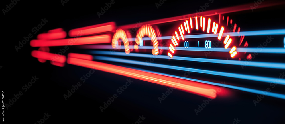 Speed meter gauge with vibrant red and blue lights, showcasing dynamic motion Speed meter gauge with vibrant red and blue lights, showcasing dynamic motion