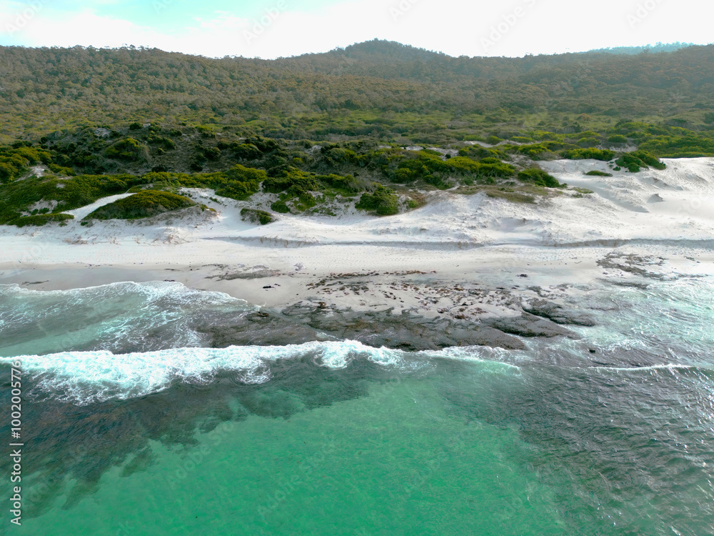Aerial views over white sandy beach in Tasmania, Australia Aerial views over white sandy beach in Tasmania, Australia