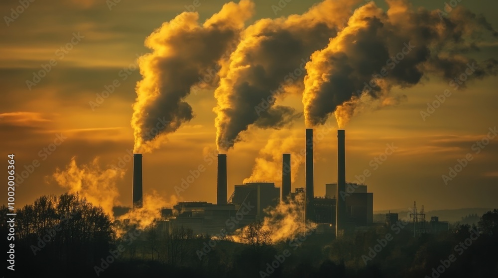 Coal-fired power plant with tall chimneys emitting smoke, symbolizing traditional energy production and environmental impact. Coal-fired power plant with tall chimneys emitting smoke, symbolizing traditional energy production and environmental impact.
