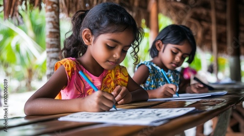 Creative Maldivian Children Writing Stories in Language Class