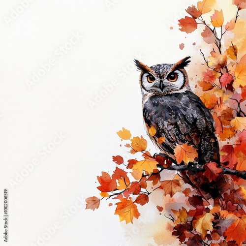 Watercolor painting of an owl perched on a branch with autumn leaves, on isolated white background