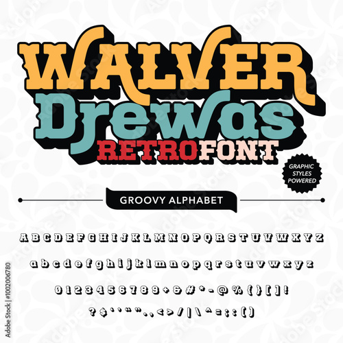 Black and White Walver Drewas Retro Vintage Display bold Font alphabet.eps photo