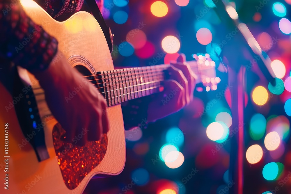 Obraz premium Guitar player performing with vibrant lights in the background.