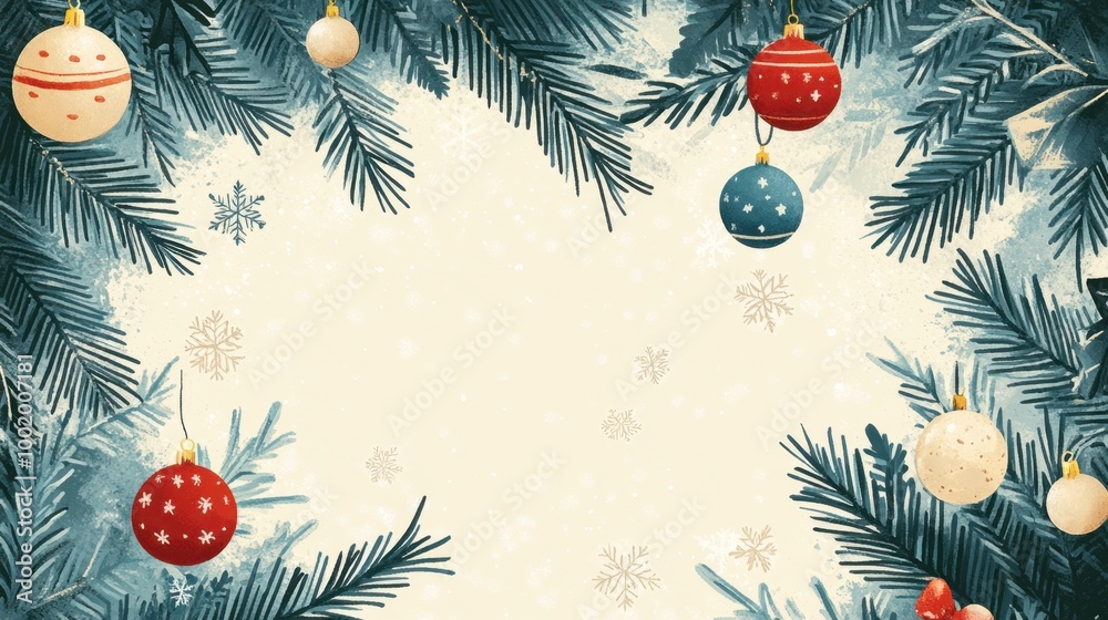 Cozy Christmas card design featuring snowflakes, pine branches, and holiday baubles on a classic festive background. Cozy Christmas card design featuring snowflakes, pine branches, and holiday baubles on a classic festive background.