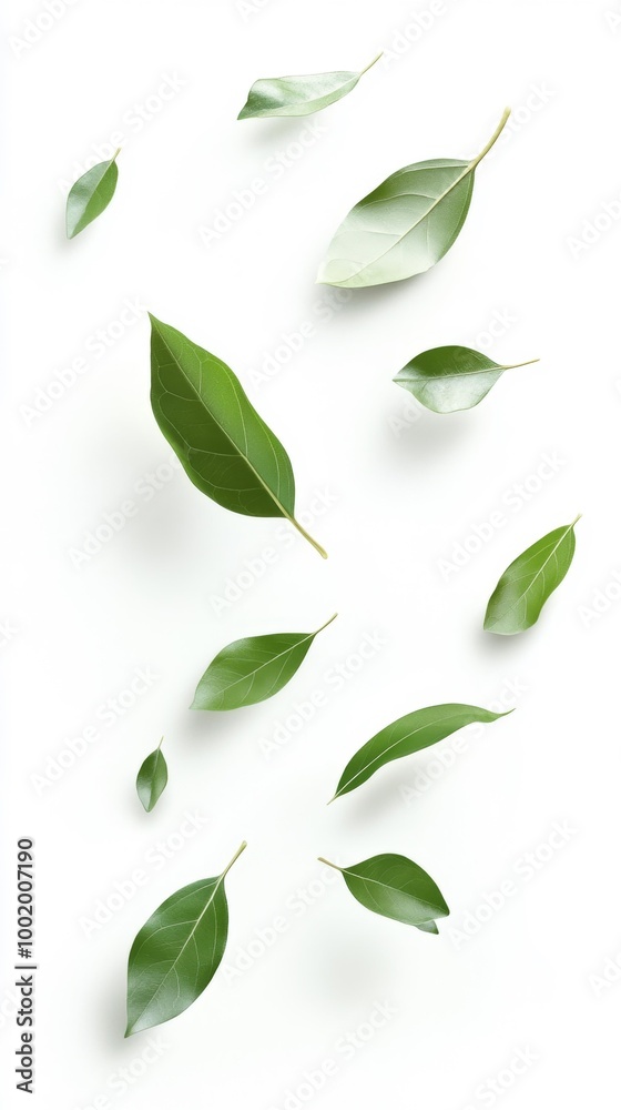 Floating Green Leaves on White Background Generative AI Floating Green Leaves on White Background Generative AI