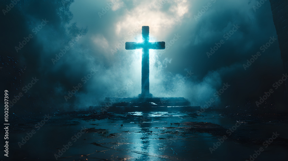A Large Cross is Placed on the Platform Emitting Blue Light
A Large Cross is Placed on the Platform Emitting Blue Light