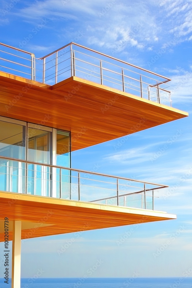 Fototapeta premium Modern architectural design featuring a cantilevered balcony overlooking the ocean.