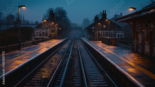 Serene Train Station at Dusk with Foggy Atmosphere