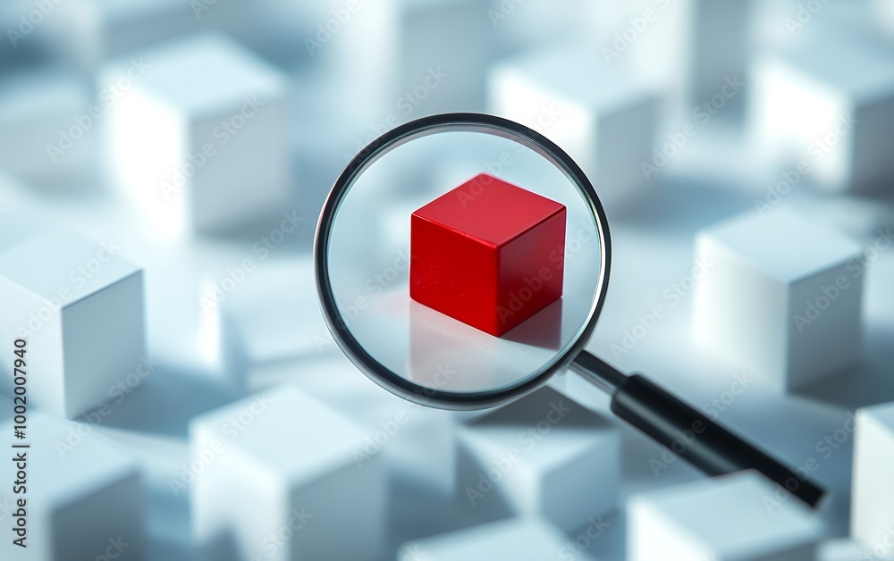 A magnifying glass focuses on a single red cube among a field of white ones. A magnifying glass focuses on a single red cube among a field of white ones.