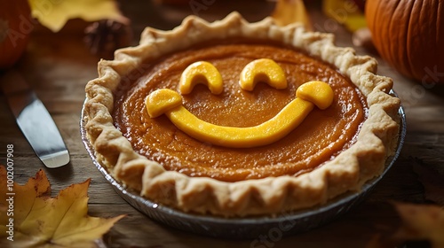 A pumpkin pie thata??s been decorated to resemble a smiley face with a big goofy grin on a Thanksgiving table photo