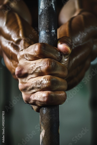  Close-up of a strong hand gripping a pull-up bar during an intense workout