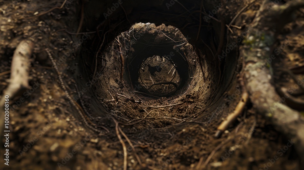 Fototapeta premium Tunnel View in Forest with Roots and Earth Texture