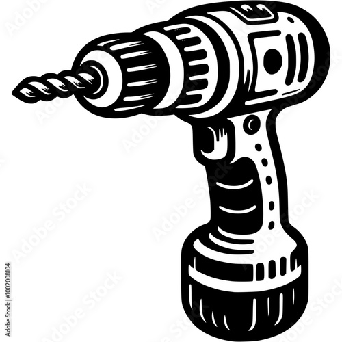 Cordless drill in monochrome. Simple minimalistic vector in black ink drawing on transparent background