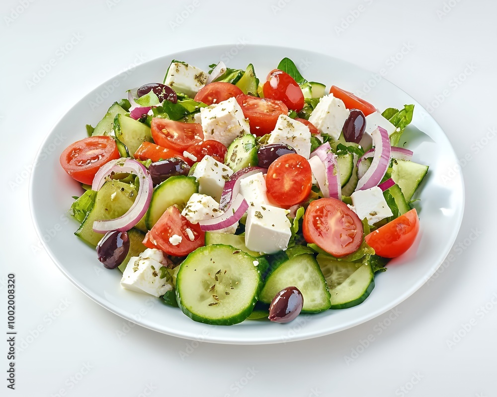 Fresh Greek salad with feta cheese, tomatoes, cucumbers, red onion, and olives. Fresh Greek salad with feta cheese, tomatoes, cucumbers, red onion, and olives.