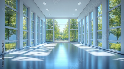 Modern office hallway with large windows overlooking a green outdoor space.