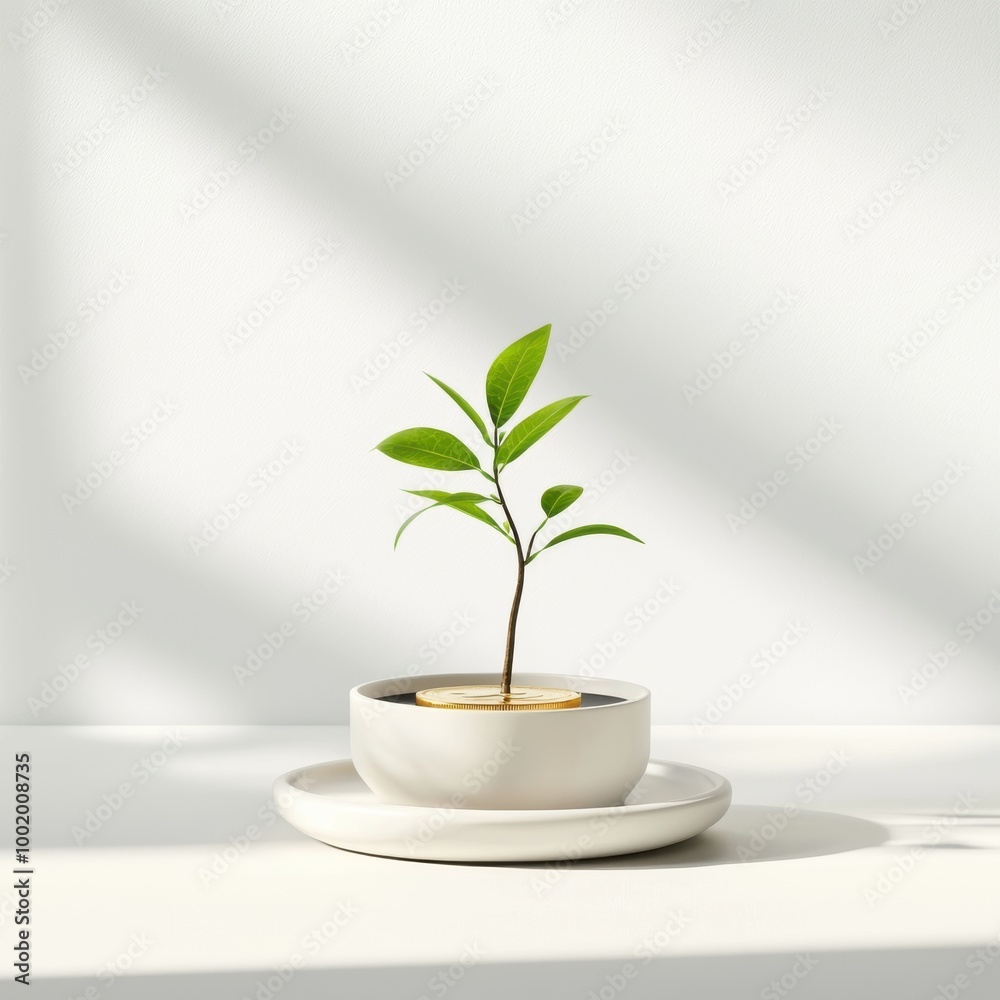 Small green plant in a minimalist pot on a white surface, bright and airy setting. Small green plant in a minimalist pot on a white surface, bright and airy setting.