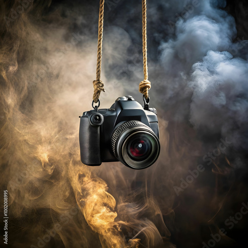a canon photo camera hanging with rope smoky background