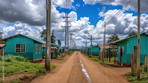 A dirt road runs through a village of small, green houses. The road is lined with power poles and there are clouds in the sky.