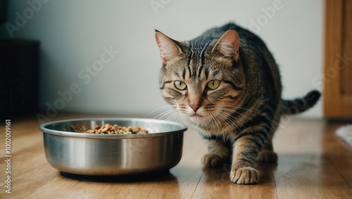 Tabby cat sitting near empty bowl, anticipating meal