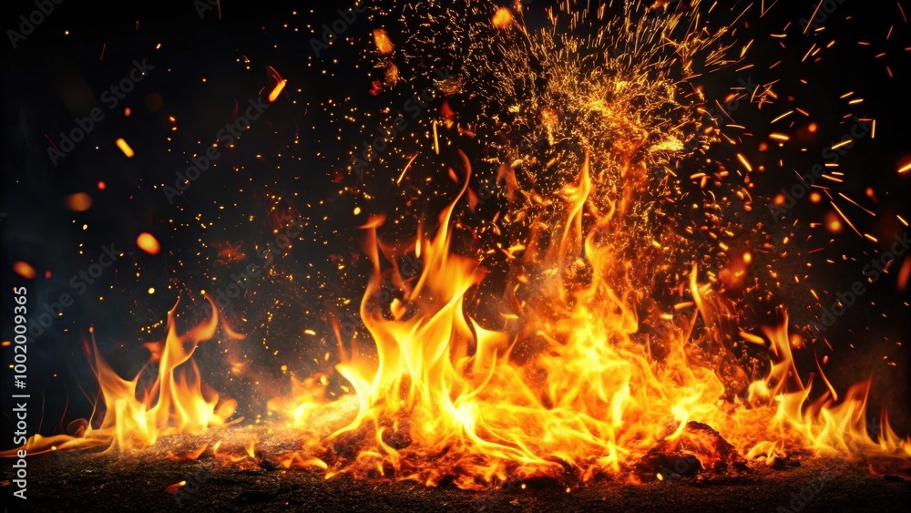 Close-up of fiery flames with sparks on a black background, fire, flames, sparks, black background, hot, heat, danger Close-up of fiery flames with sparks on a black background, fire, flames, sparks, black background, hot, heat, danger