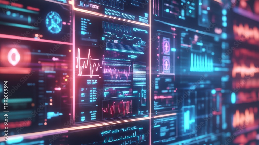 Digital healthcare technology featuring electronic medical records displayed on a futuristic, glowing screen. Digital healthcare technology featuring electronic medical records displayed on a futuristic, glowing screen.