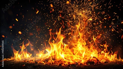 Close-up of fiery flames with sparks on a black background, fire, flames, sparks, black background, hot, heat, danger