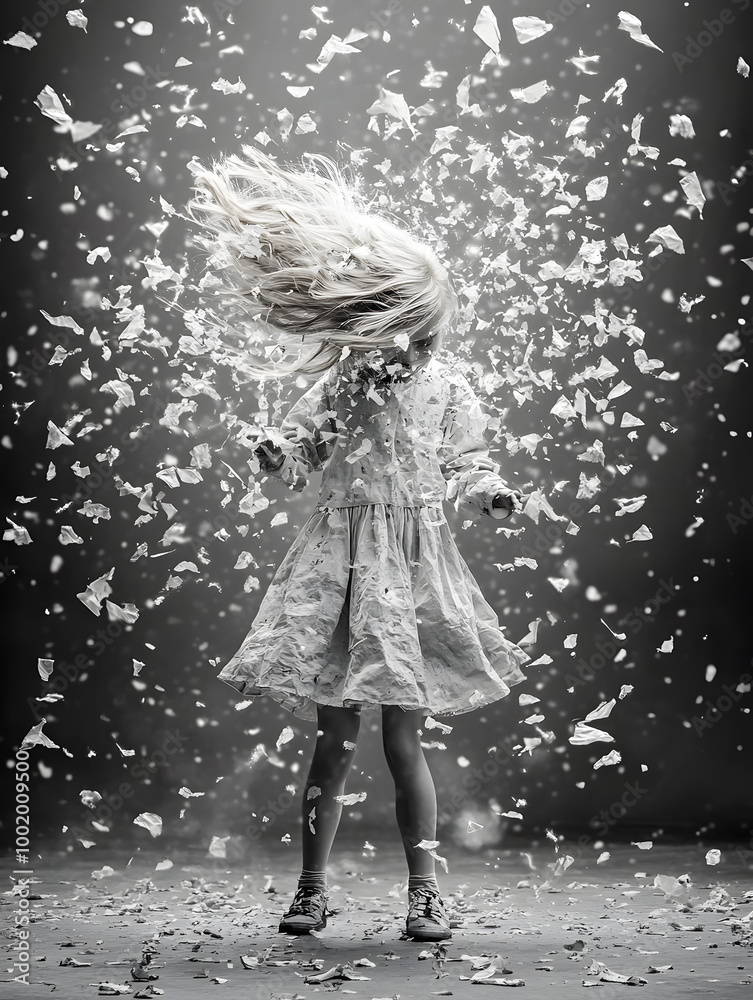 Dark, reflective, surreal black and white poster of girl disintegrating into particles Dark, reflective, surreal black and white poster of girl disintegrating into particles