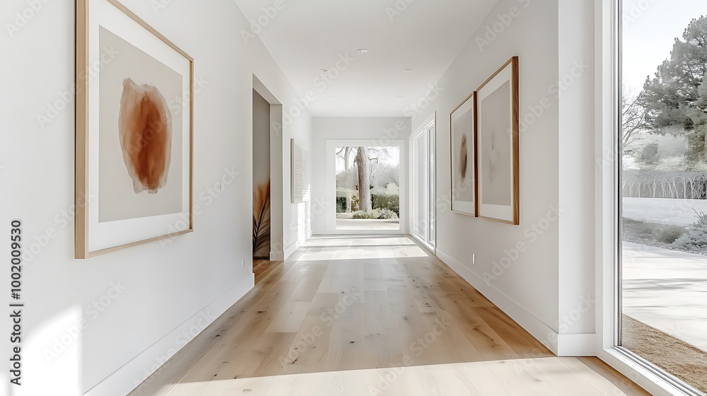 Obraz premium A bright, modern hallway with sleek floors, framed abstract paintings on the walls, natural light flooding in from large windows, clean lines, and minimalist decor for a serene and elegant feel.