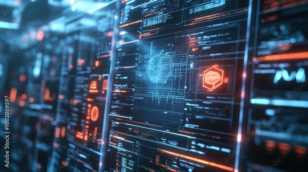 Digital healthcare technology featuring electronic medical records displayed on a futuristic, glowing screen. Digital healthcare technology featuring electronic medical records displayed on a futuristic, glowing screen.