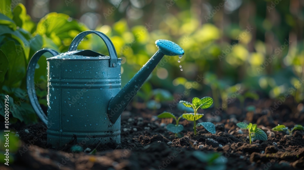 Fresh Watering Can in Lush Green Garden Fresh Watering Can in Lush Green Garden