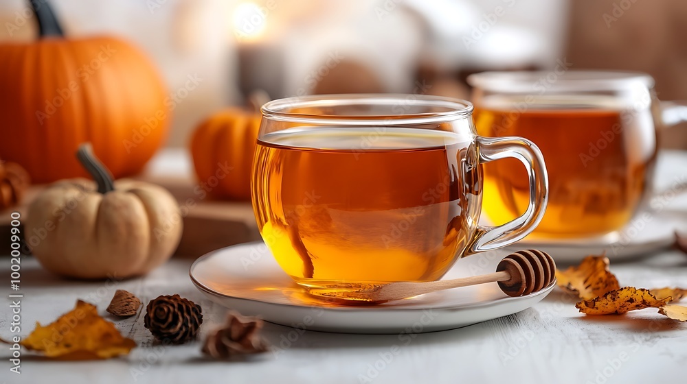 Warm tea near thanksgiving pumpkin pie and ripe gourds Warm tea near thanksgiving pumpkin pie and ripe gourds