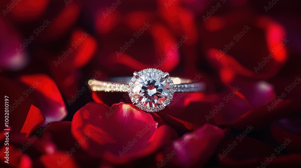 A diamond engagement ring sitting on a bed of rose petals with soft lighting. Perfect moment captured A diamond engagement ring sitting on a bed of rose petals with soft lighting. Perfect moment captured