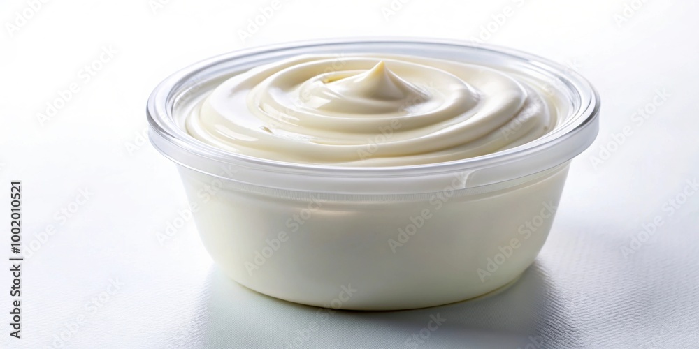 Creamy and thick Danone Skyr yogurt in a clear container on a white background, healthy, snack, dairy Creamy and thick Danone Skyr yogurt in a clear container on a white background, healthy, snack, dairy