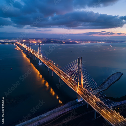 Vasco da gama bridge illuminating the lisbon skyline at twilight
